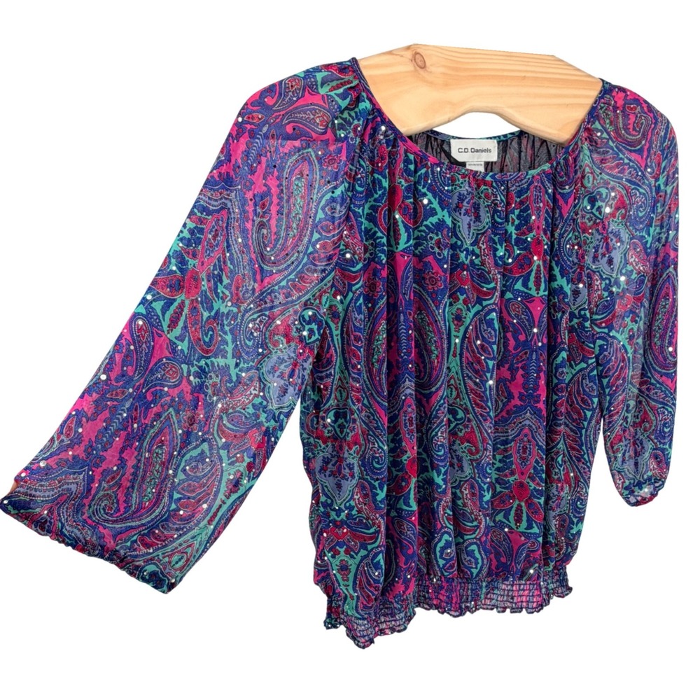 C.D. Daniels Peasant Blouse 2X Pink Blue Paisley Sparkling Sequin Smocked Hem